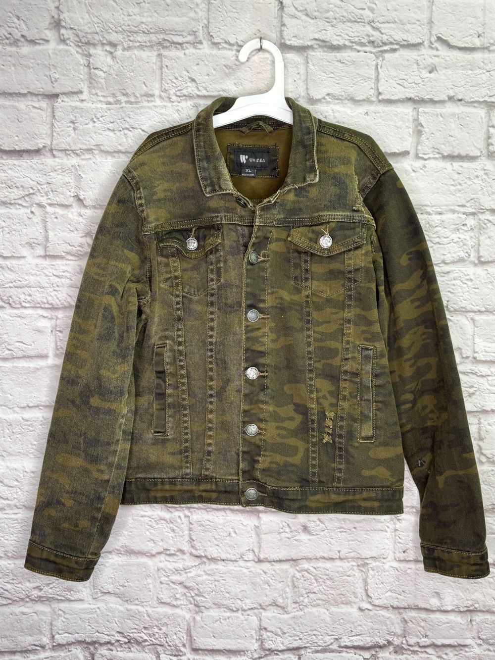 Waimea Boys Camo Denim Jacket Size XL (14/16) Button Pockets Distressed Green
